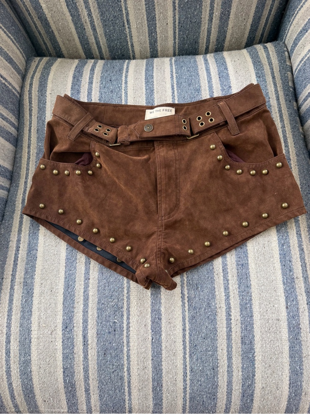 Free People Brown Suede High-Waist Studded Shorts with Belt